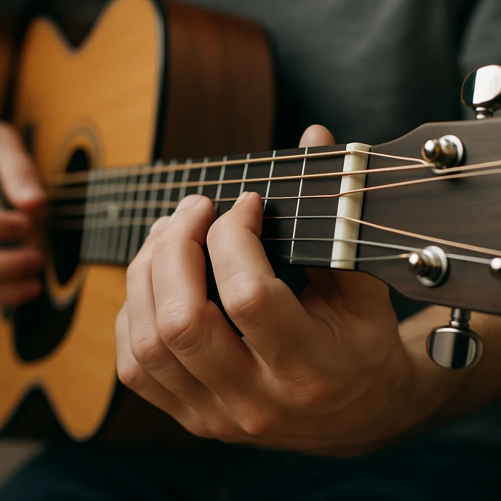 Hands playing basic guitar chords