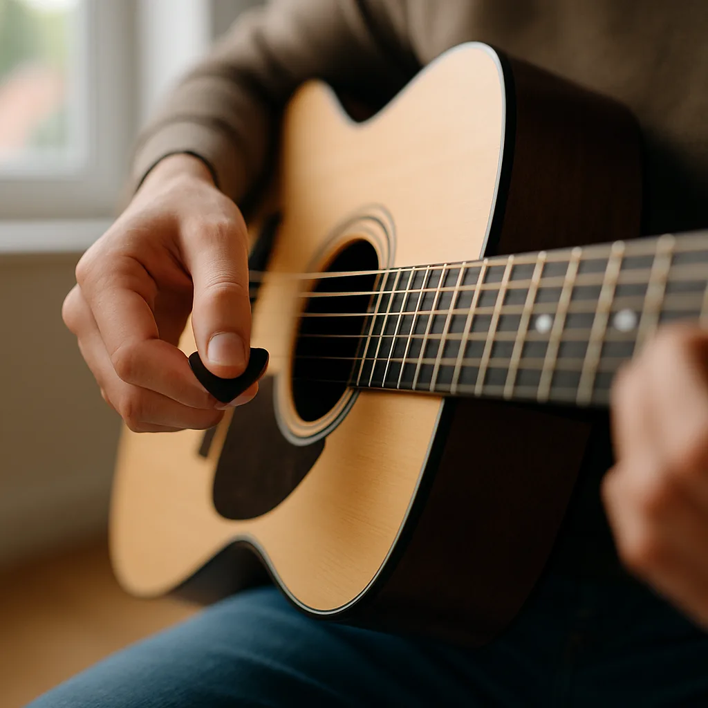 Hand practicing guitar strumming with a pick