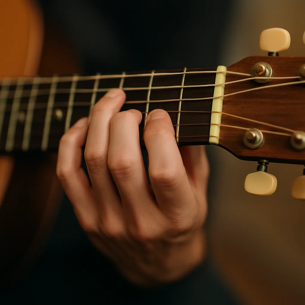 Fingers on guitar fretboard forming fingerstyle guitar chords