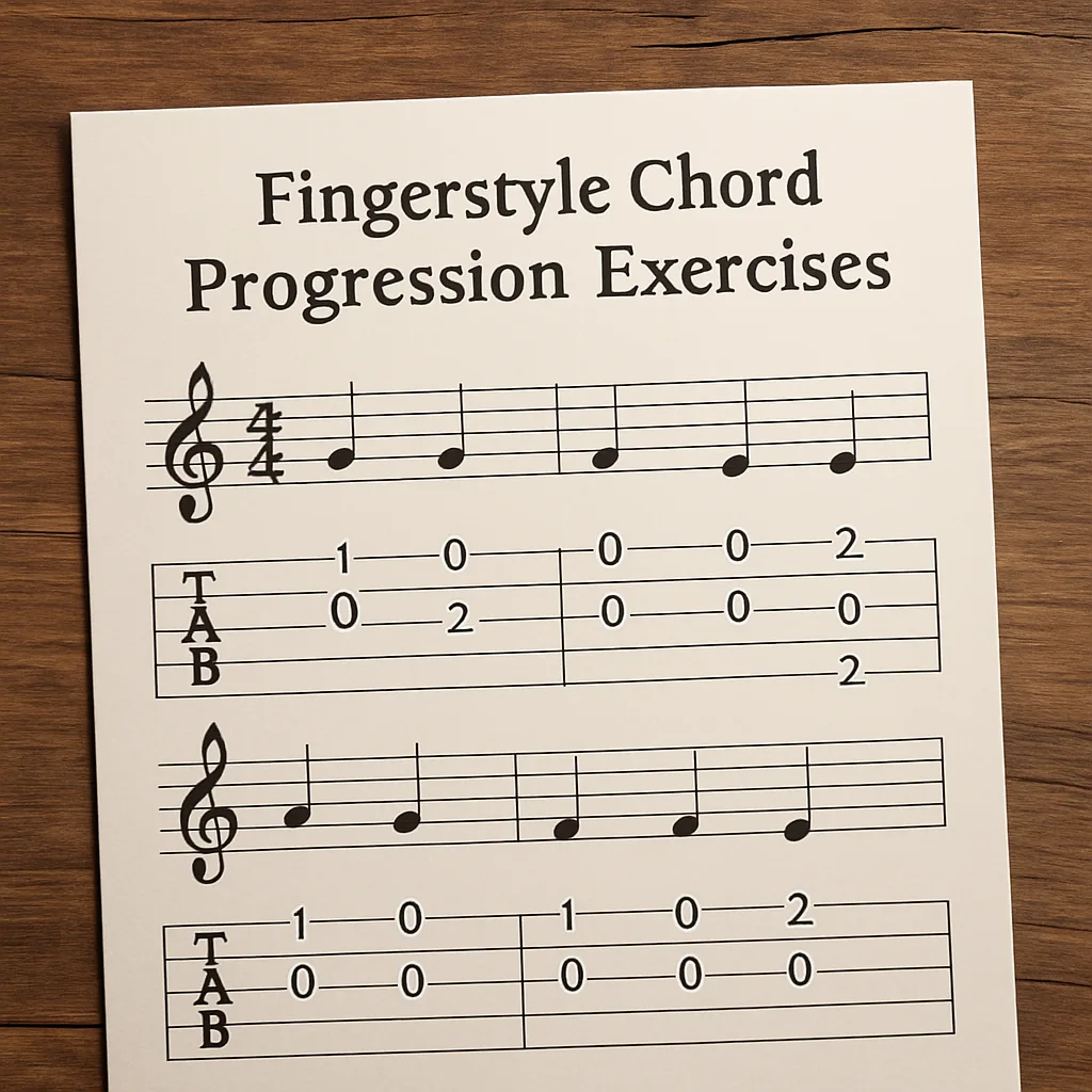 Fingerstyle guitar chord progression sheet music and tablature