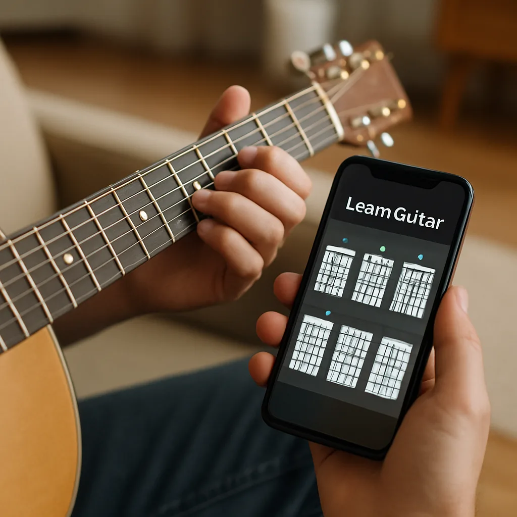 Using guitar learning app on smartphone